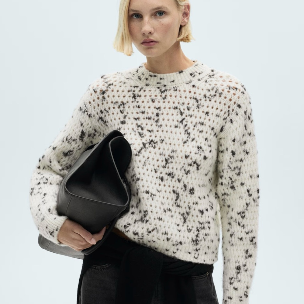 Mango Marbled Open Knit Black and White Sweater
